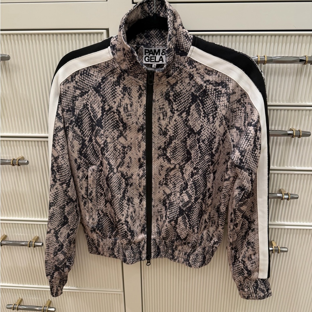 Pam & Gela Snake-Print Bomber Jacket in Beige and Black